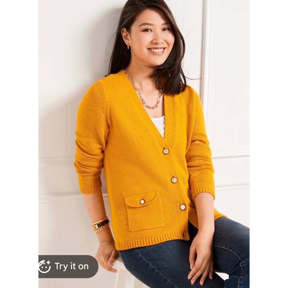 Talbots Petite Mustard Yellow Button Front Cardigan Sweater Gold Buttons MP